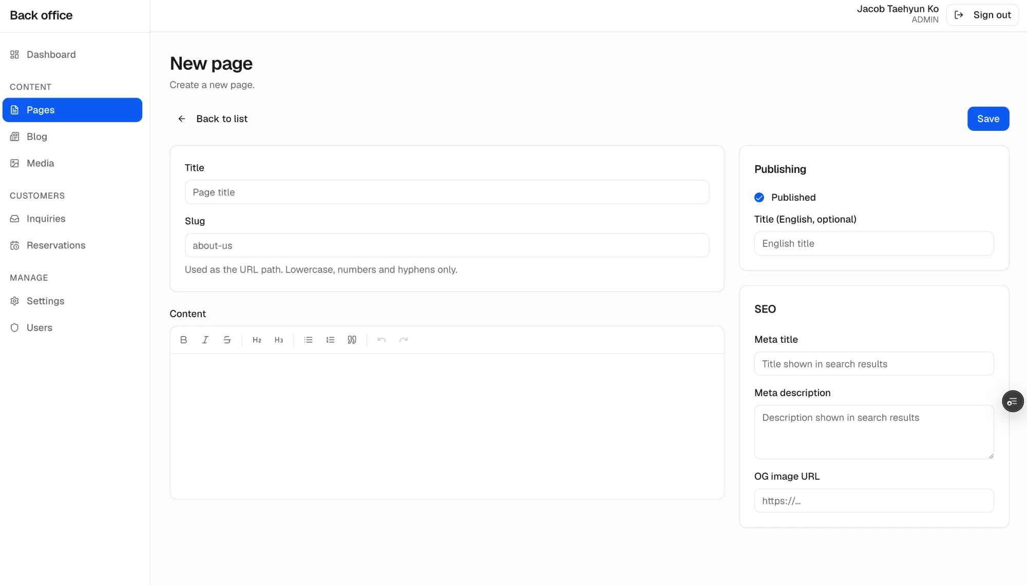 Back-office page editor with Tiptap, publishing and SEO settings